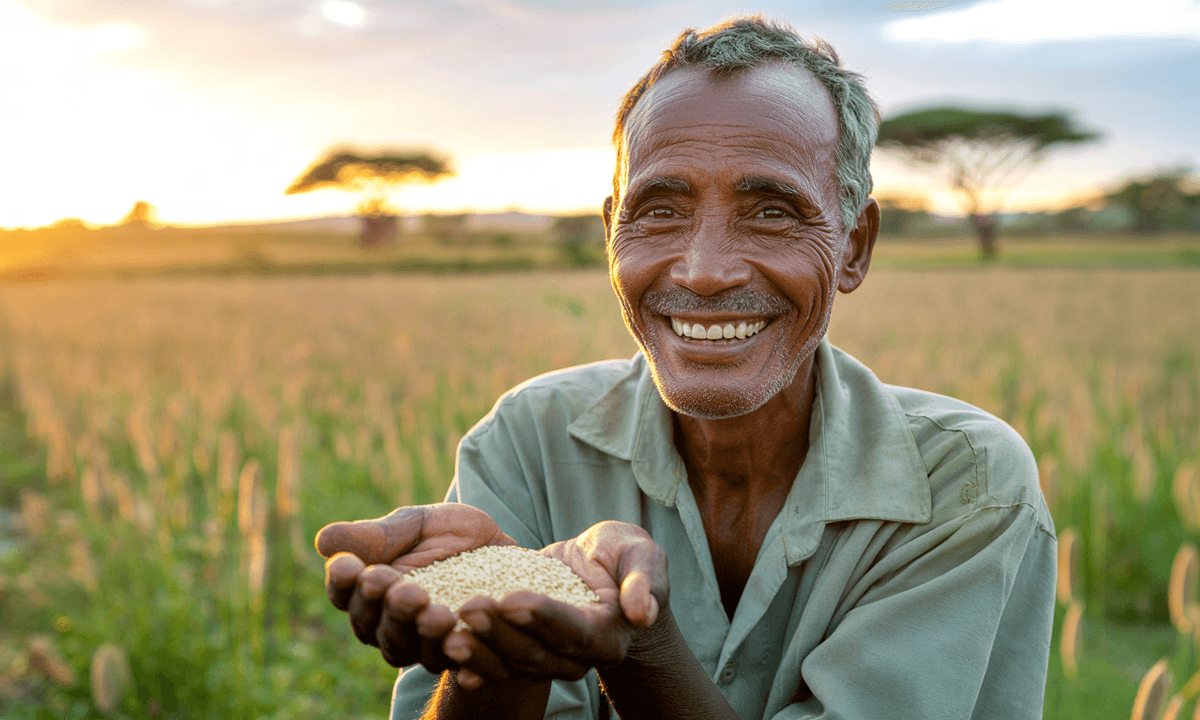 Ethiopian farmer proudly displaying Humera sesame seeds