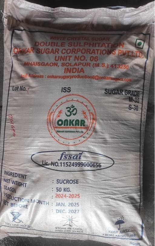 Onkar white crystal sugar double sulphitation bag